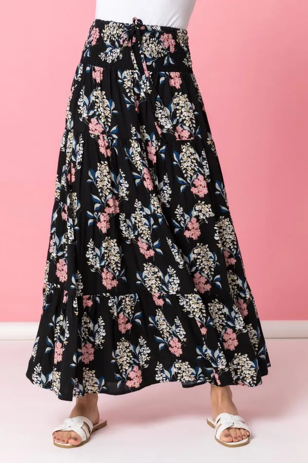 Black Floral Shirred Waist Elastic Waist Maxi Skirt Women Roman Skirts