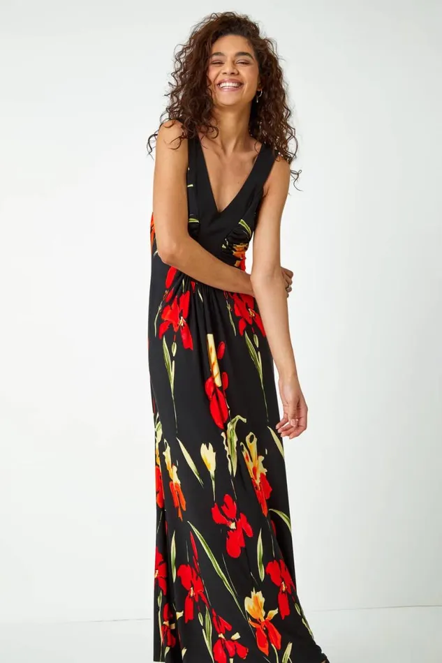Black Floral Stretch Jersey Maxi Dress Women Roman Dresses