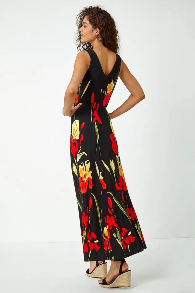 Black Floral Stretch Jersey Maxi Dress Women Roman Dresses