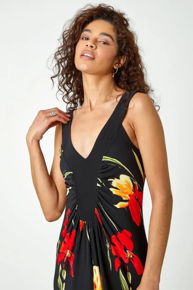 Black Floral Stretch Jersey Maxi Dress Women Roman Dresses