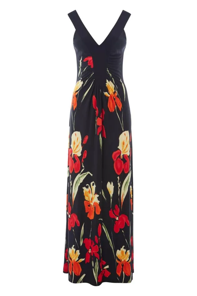 Black Floral Stretch Jersey Maxi Dress Women Roman Dresses