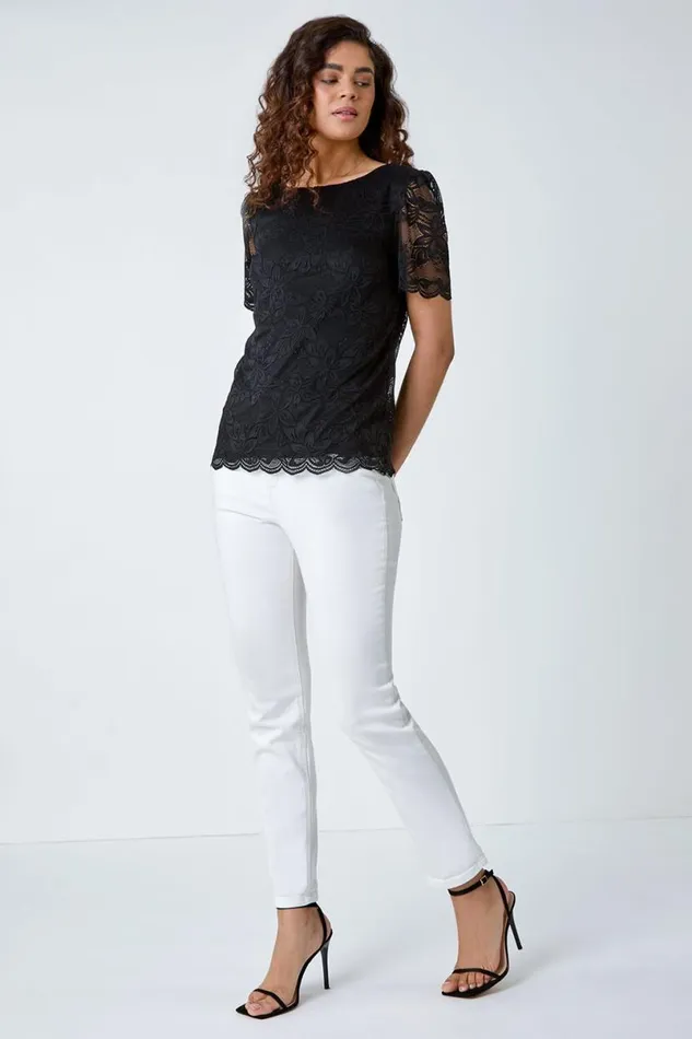Black Floral Stretch Lace Top Women Roman Tops