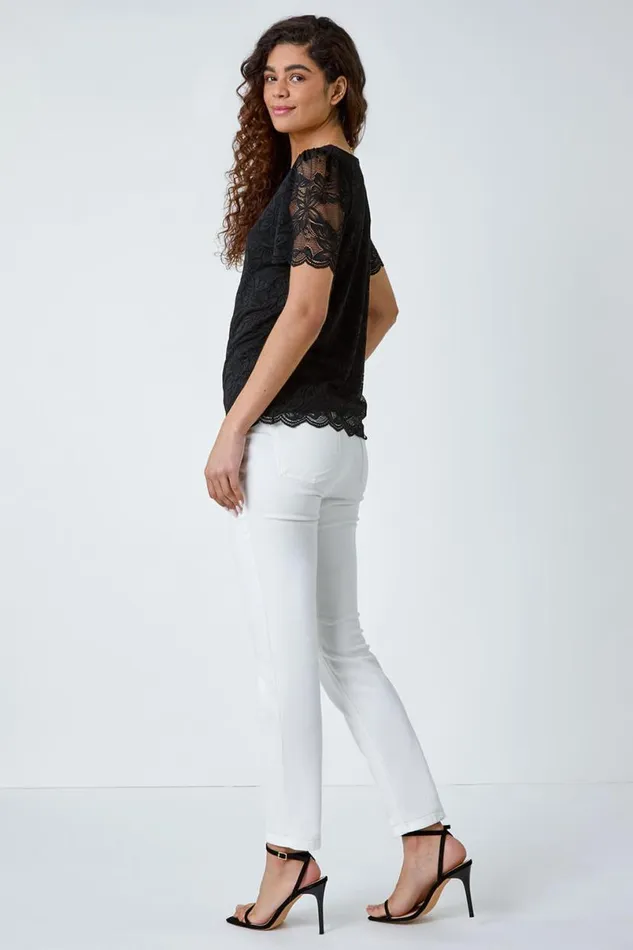 Black Floral Stretch Lace Top Women Roman Tops
