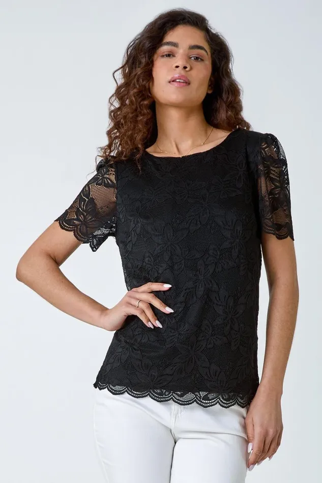 Black Floral Stretch Lace Top Women Roman Tops
