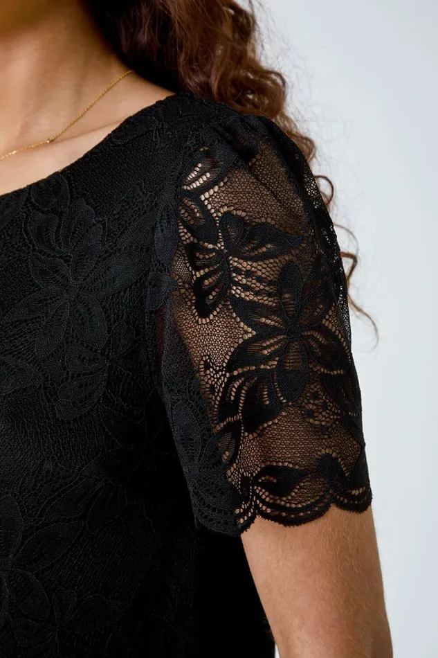 Black Floral Stretch Lace Top Women Roman Tops