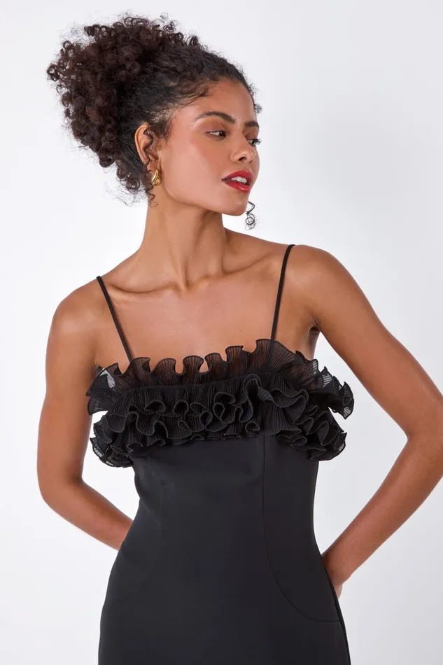 Black Frill Detail Stretch Dress Women Roman Dresses