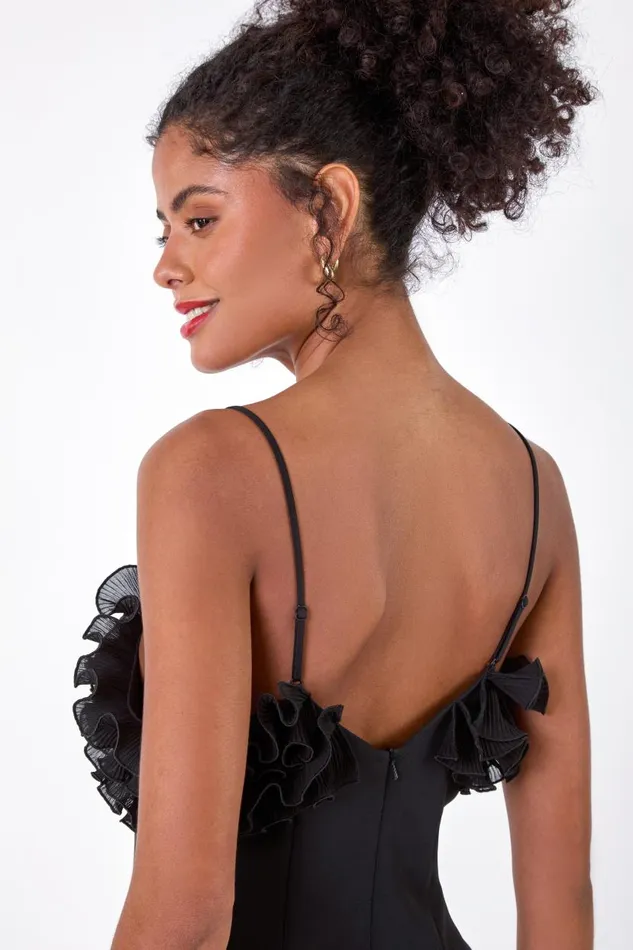 Black Frill Detail Stretch Dress Women Roman Dresses