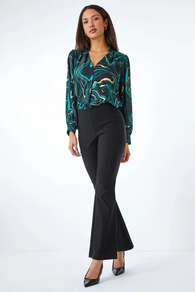 Black Full Length Boot Cut Elastic Waist Trouser Women Roman Trousers