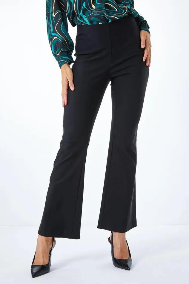 Black Full Length Boot Cut Elastic Waist Trouser Women Roman Trousers