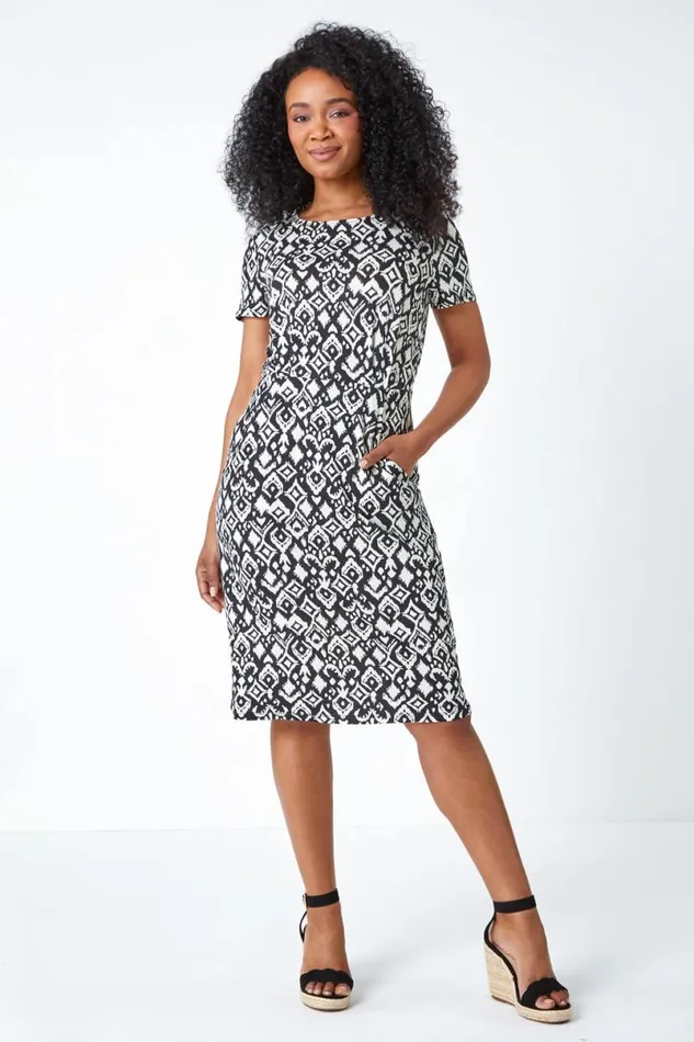 Black Geometric Print Pocket Stretch Dress Women Roman Dresses