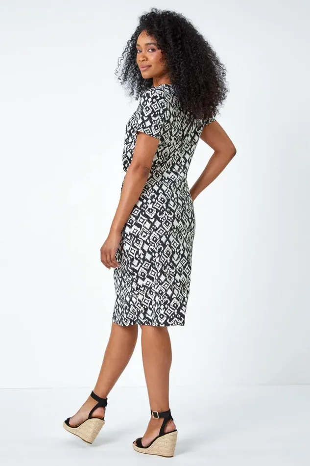 Black Geometric Print Pocket Stretch Dress Women Roman Dresses