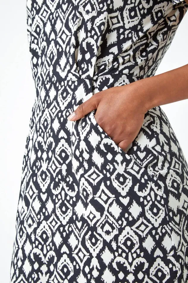Black Geometric Print Pocket Stretch Dress Women Roman Dresses
