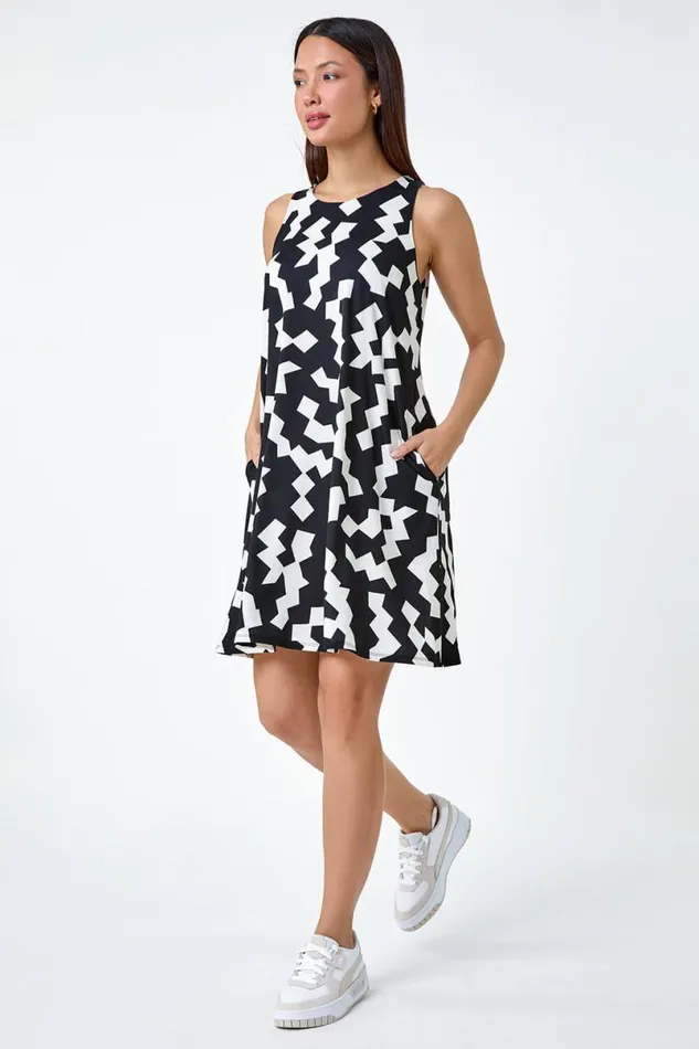 Black Geometric Print Stretch Swing Dress Women Roman Dresses