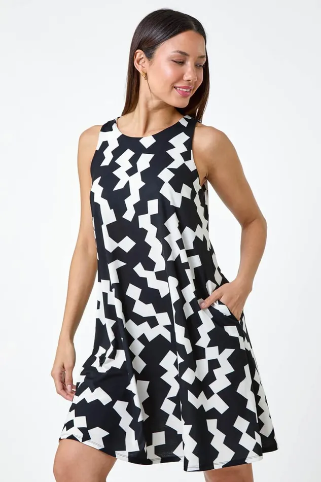 Black Geometric Print Stretch Swing Dress Women Roman Dresses