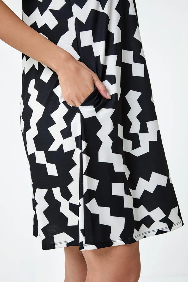 Black Geometric Print Stretch Swing Dress Women Roman Dresses