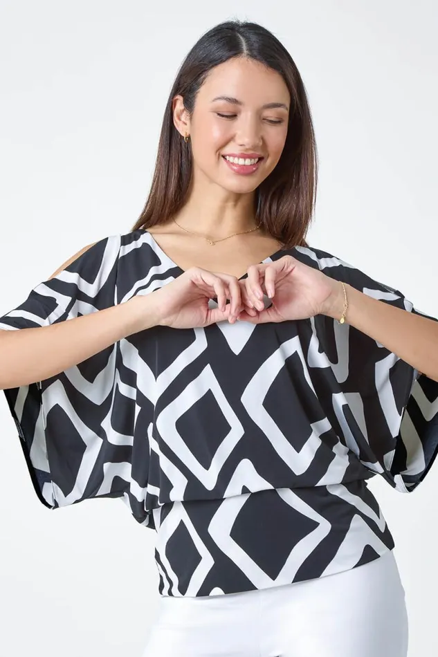 Black Geometric VNeck Blouson Stretch Top Women Roman Tops