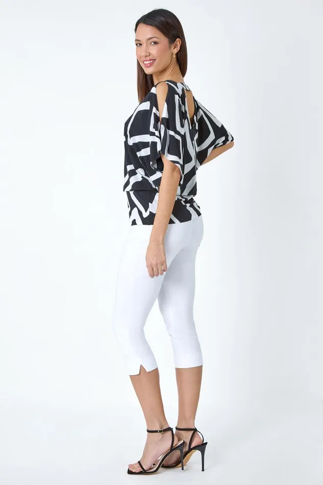 Black Geometric VNeck Blouson Stretch Top Women Roman Tops
