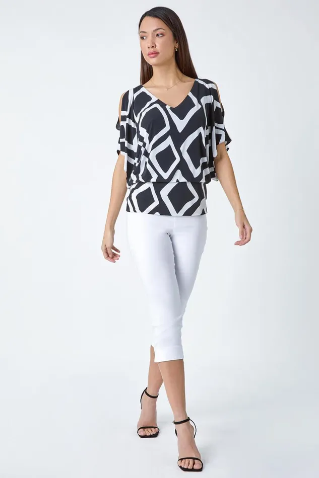 Black Geometric VNeck Blouson Stretch Top Women Roman Tops