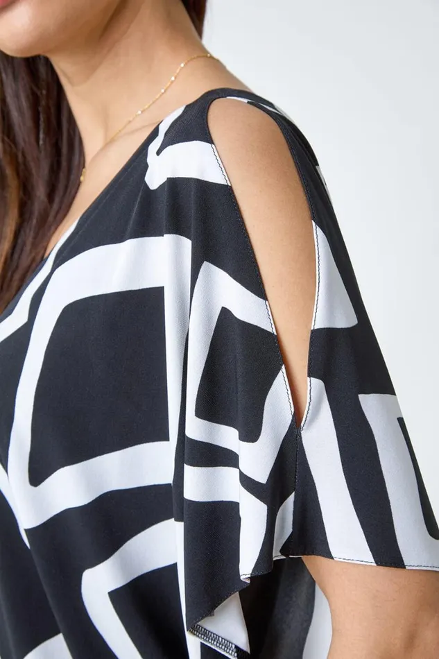 Black Geometric VNeck Blouson Stretch Top Women Roman Tops