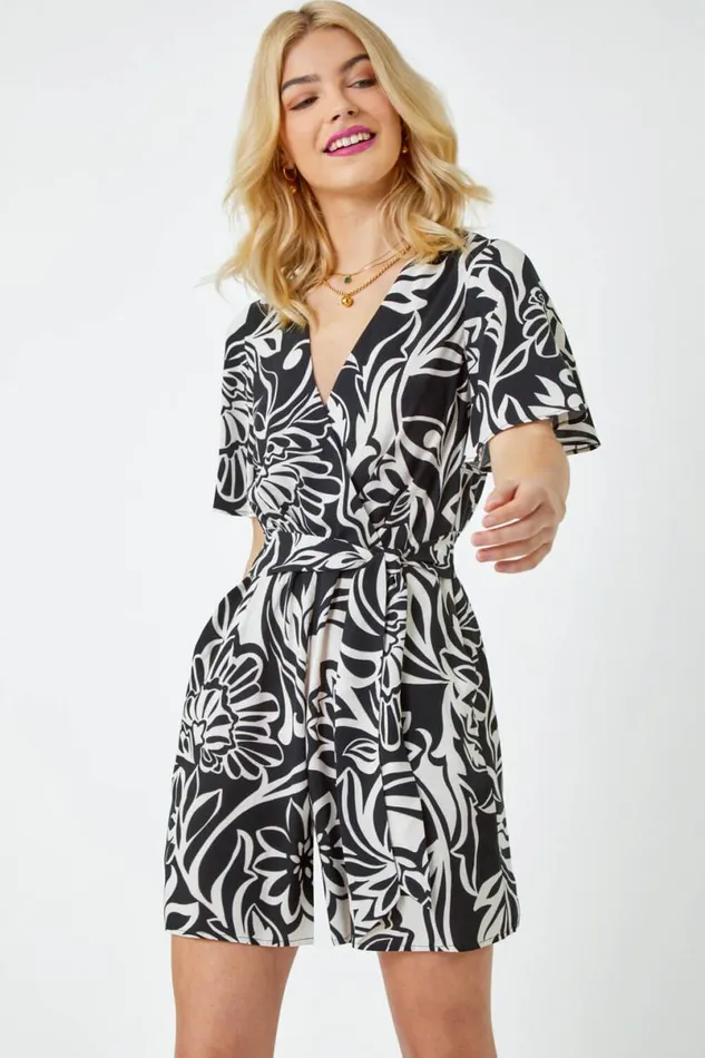 Black Graphic Print Belted Wrap Playsuit Women Roman Dresses