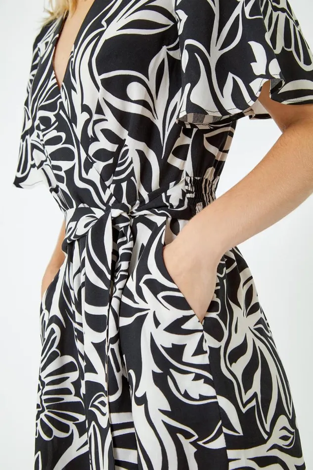 Black Graphic Print Belted Wrap Playsuit Women Roman Dresses