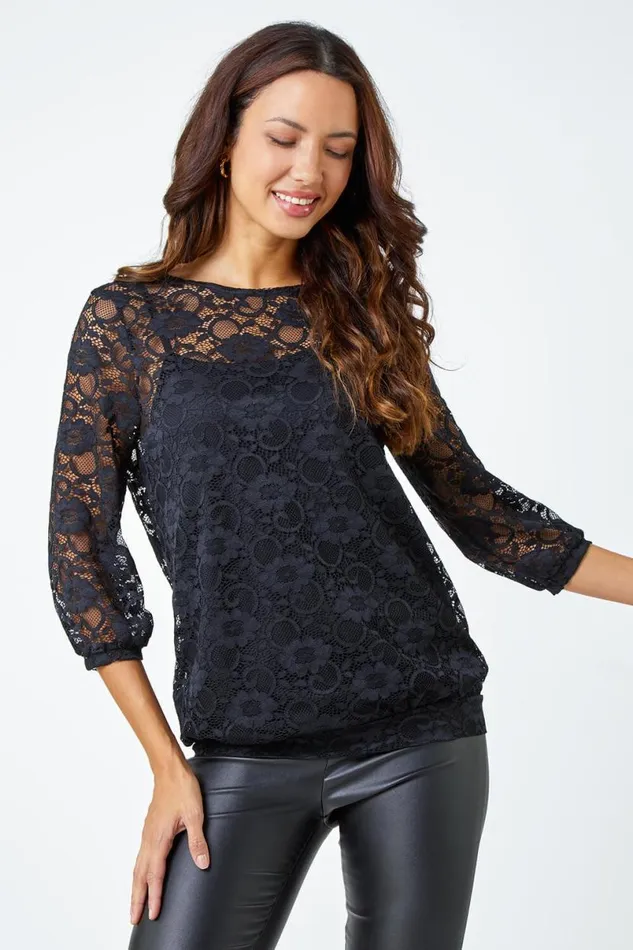 Black Lace Blouson Hem Stretch Top Women Roman Tops