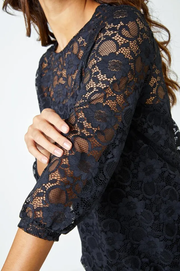 Black Lace Blouson Hem Stretch Top Women Roman Tops