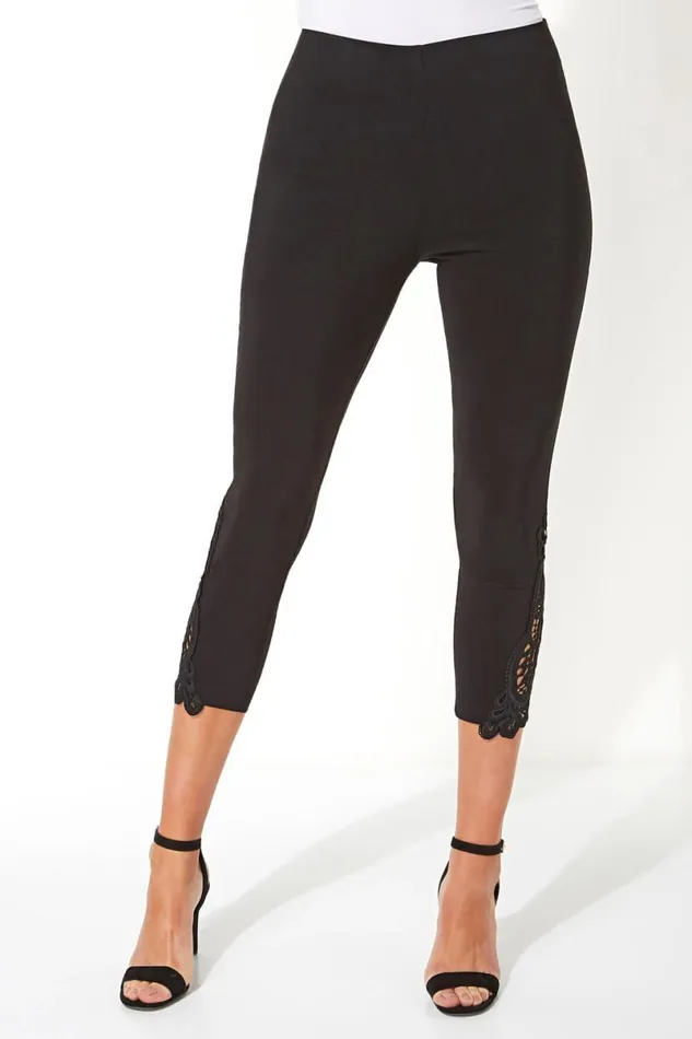 Black Lace Insert Elastic Waist Crop Trousers Women Roman Occasionwear