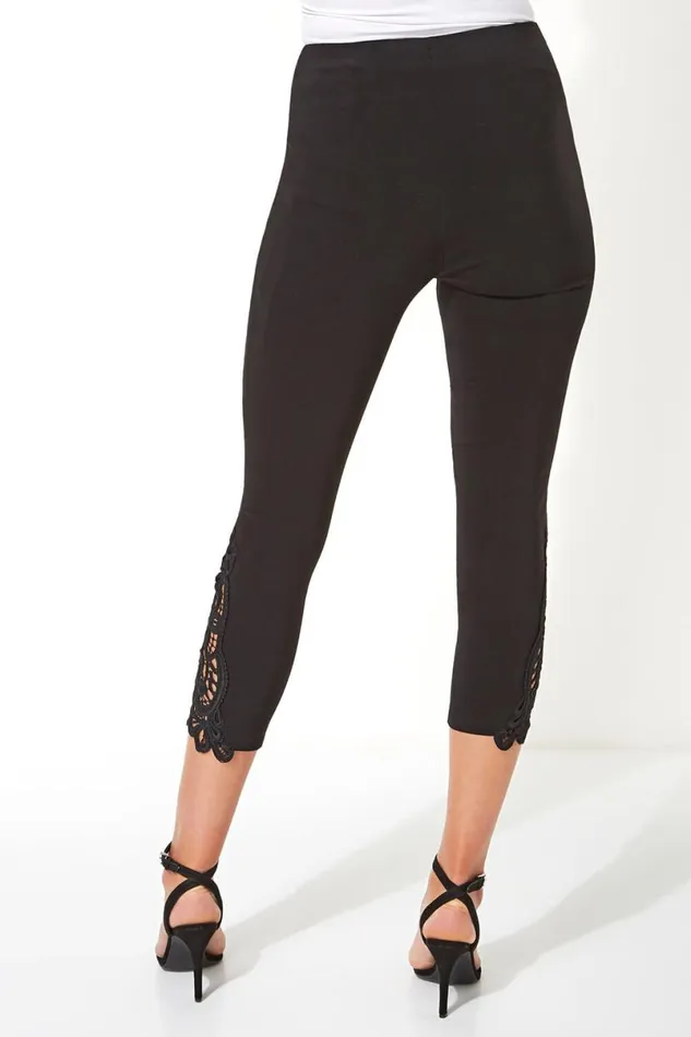 Black Lace Insert Elastic Waist Crop Trousers Women Roman Occasionwear