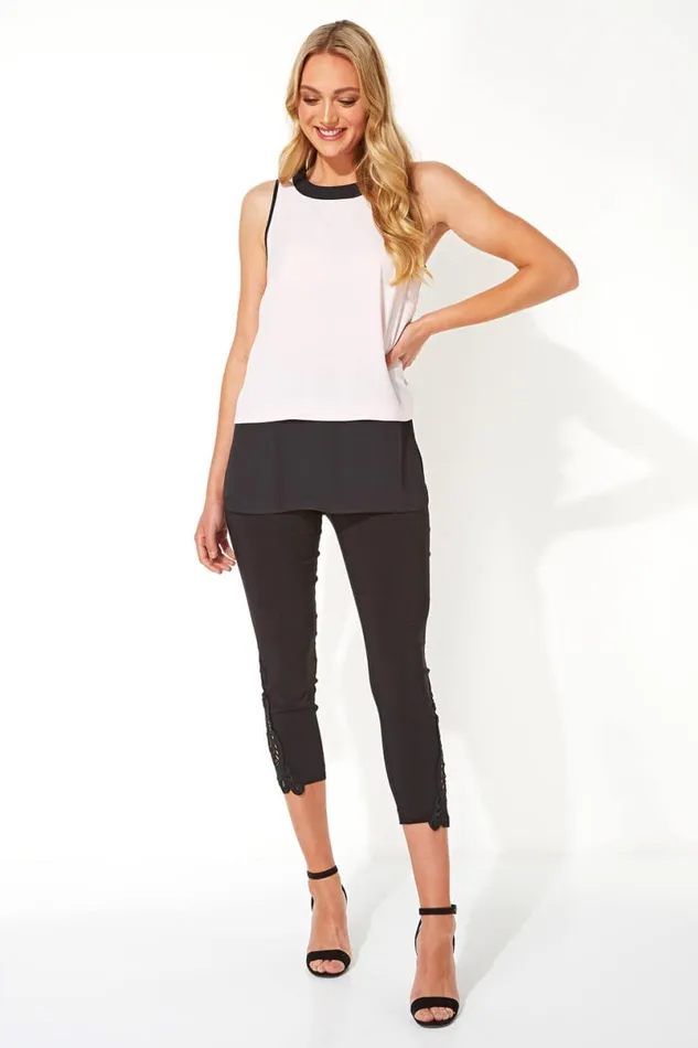Black Lace Insert Elastic Waist Crop Trousers Women Roman Occasionwear