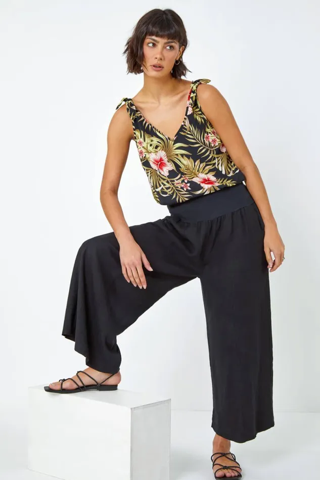Black Linen Blend Elastic Waist Cropped Culottes Women Roman Trousers