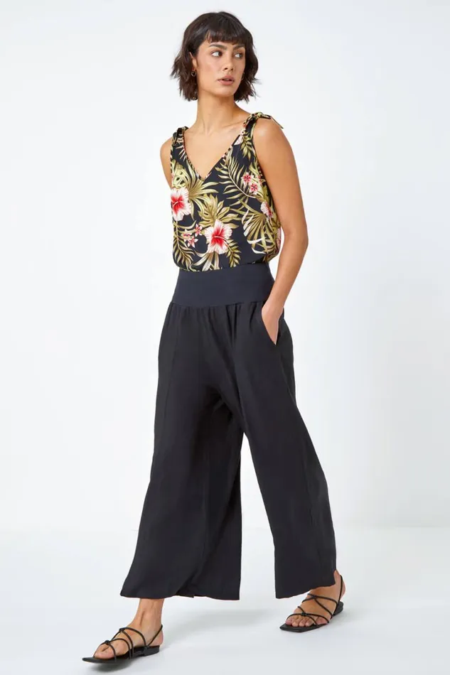 Black Linen Blend Elastic Waist Cropped Culottes Women Roman Trousers