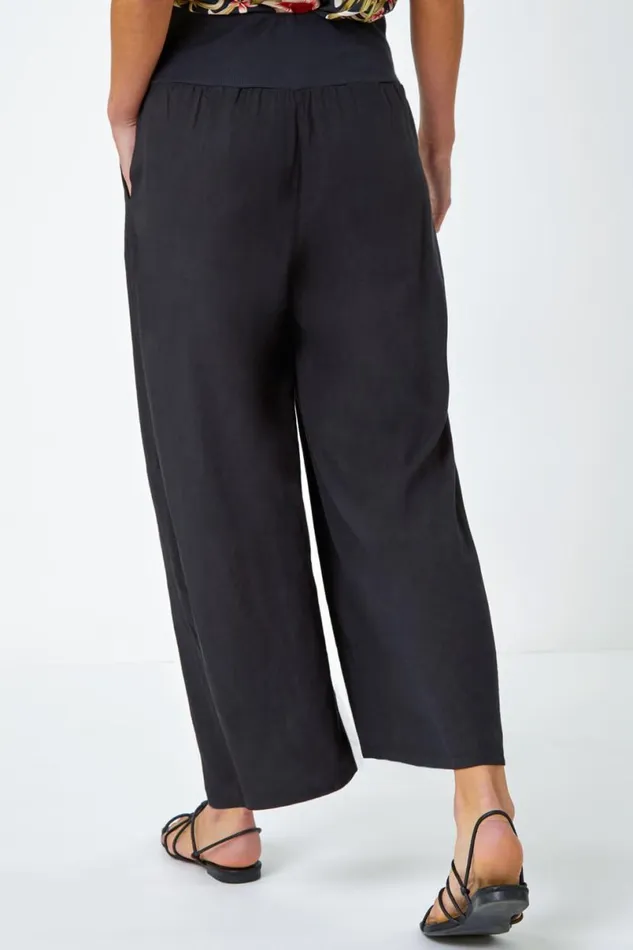 Black Linen Blend Elastic Waist Cropped Culottes Women Roman Trousers
