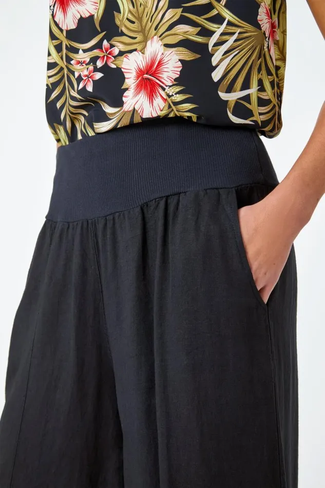 Black Linen Blend Elastic Waist Cropped Culottes Women Roman Trousers