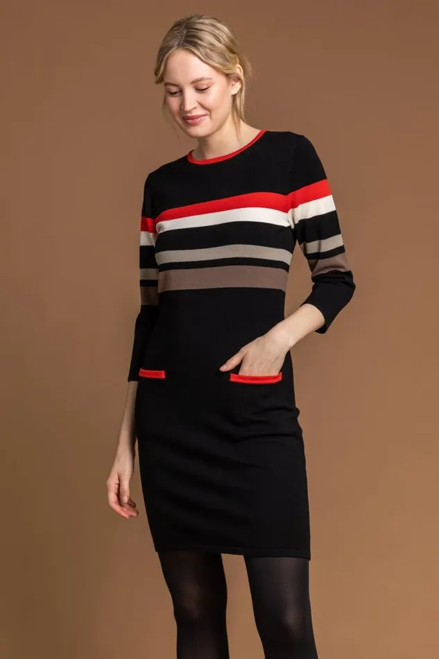 Black Longline Contrast Stripe Print Jumper Dress Women Roman Dresses