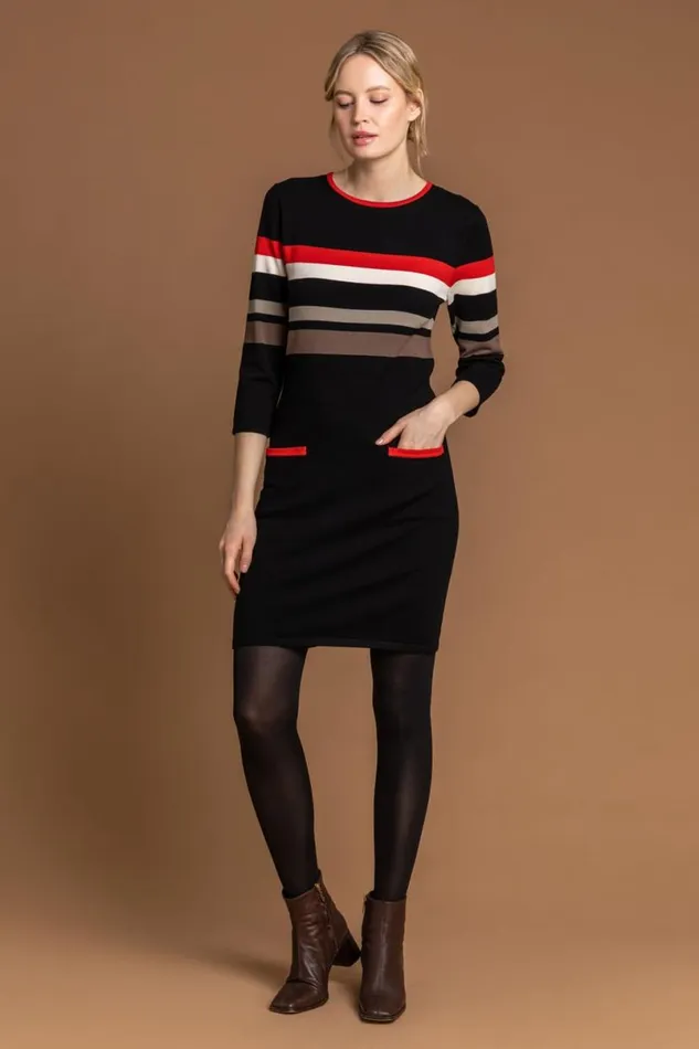 Black Longline Contrast Stripe Print Jumper Dress Women Roman Dresses