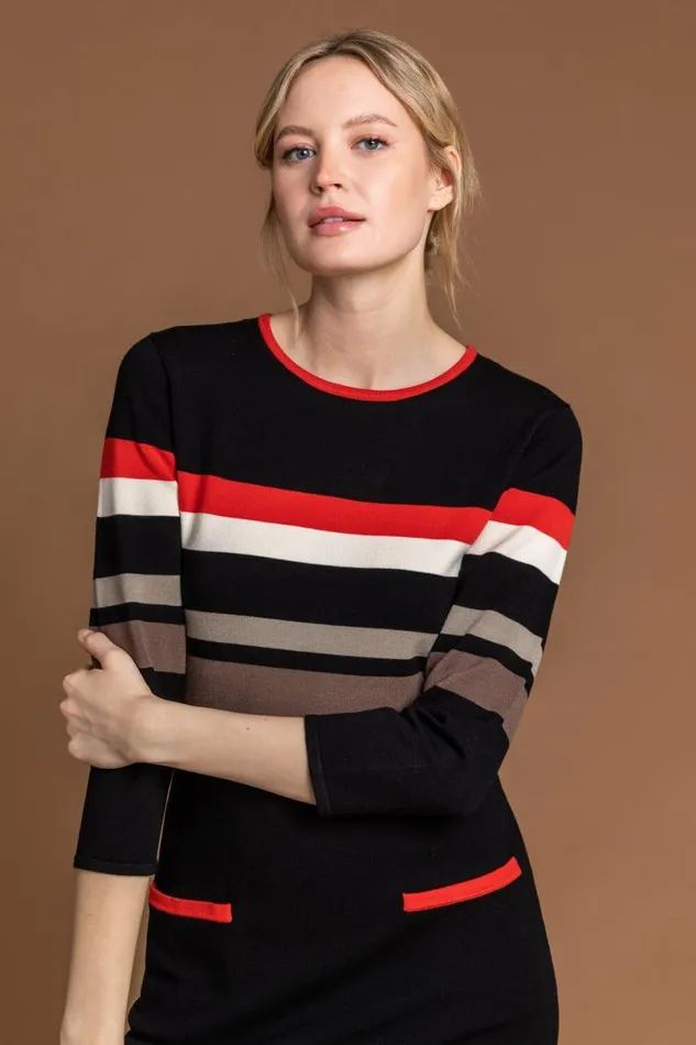 Black Longline Contrast Stripe Print Jumper Dress Women Roman Dresses