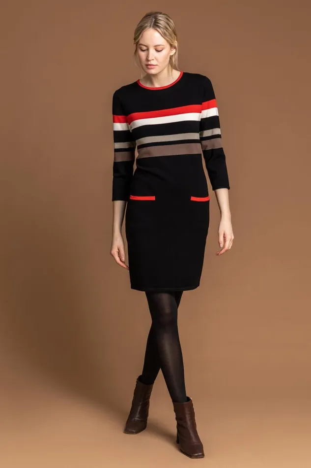 Black Longline Contrast Stripe Print Jumper Dress Women Roman Dresses