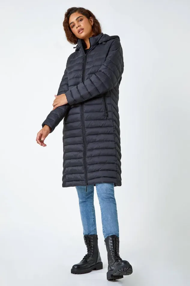 Black Longline Hooded Padded Coat Women Roman Coats