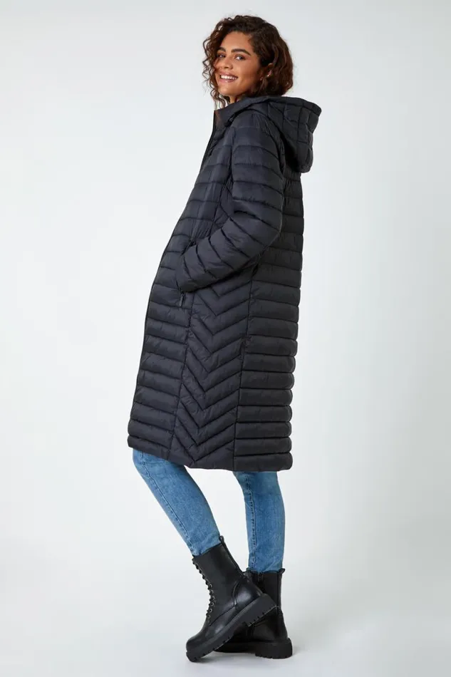 Black Longline Hooded Padded Coat Women Roman Coats