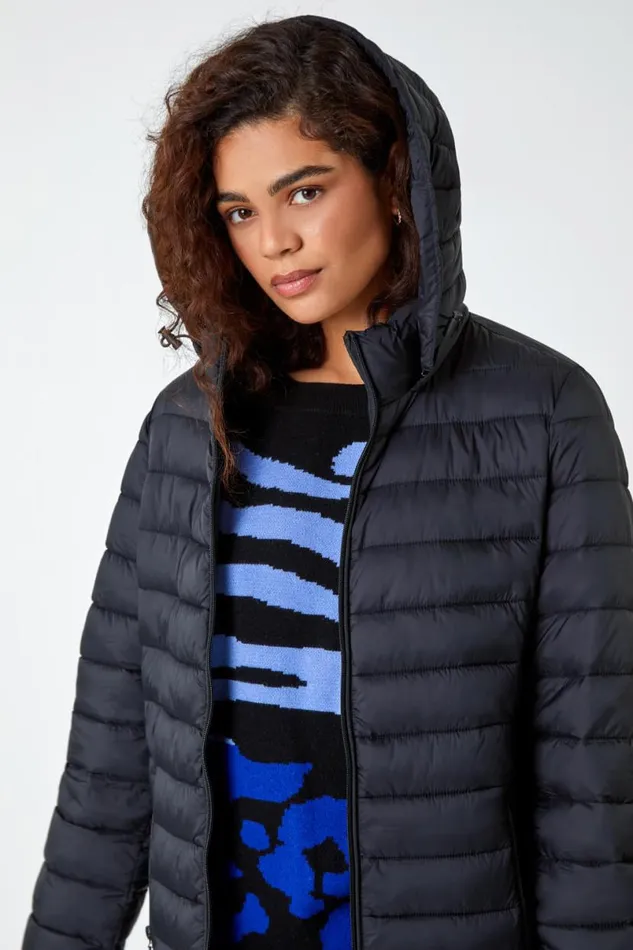 Black Longline Hooded Padded Coat Women Roman Coats