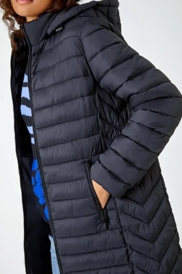 Black Longline Hooded Padded Coat Women Roman Coats