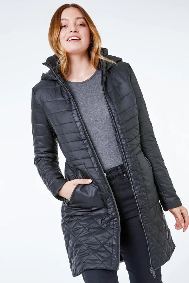Black Longline Quilted Coat With Hood Women Roman Coats