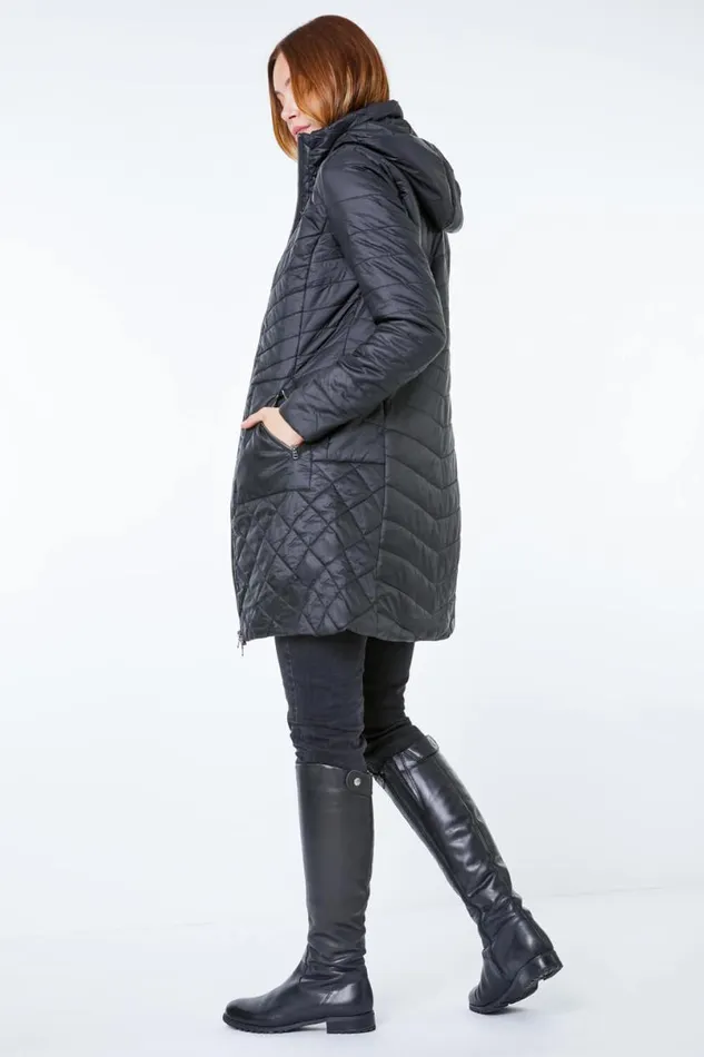 Black Longline Quilted Coat With Hood Women Roman Coats
