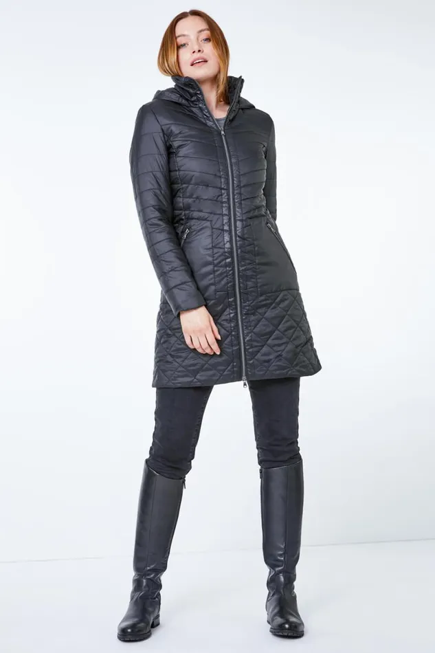 Black Longline Quilted Coat With Hood Women Roman Coats