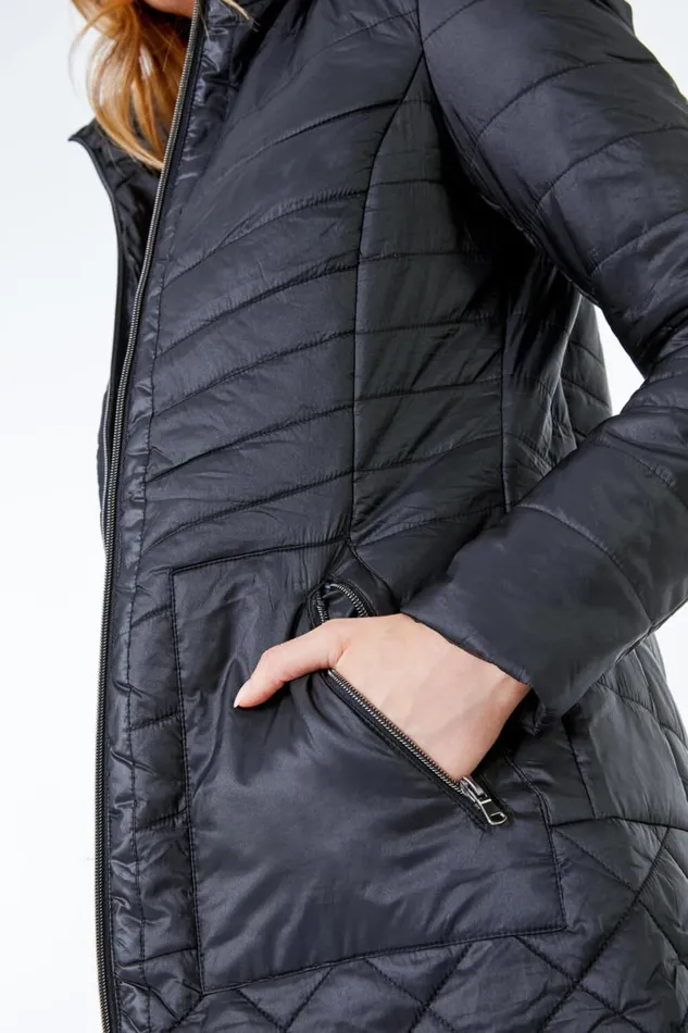 Black Longline Quilted Coat With Hood Women Roman Coats