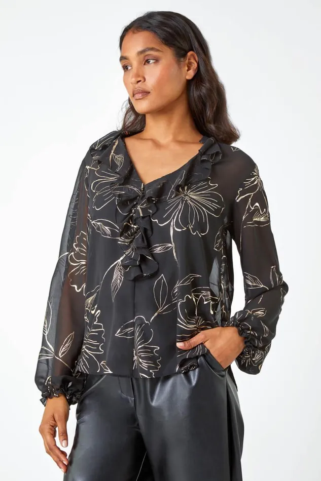 Black Metallic Floral Print VNeck Ruffle Top Women Roman Tops