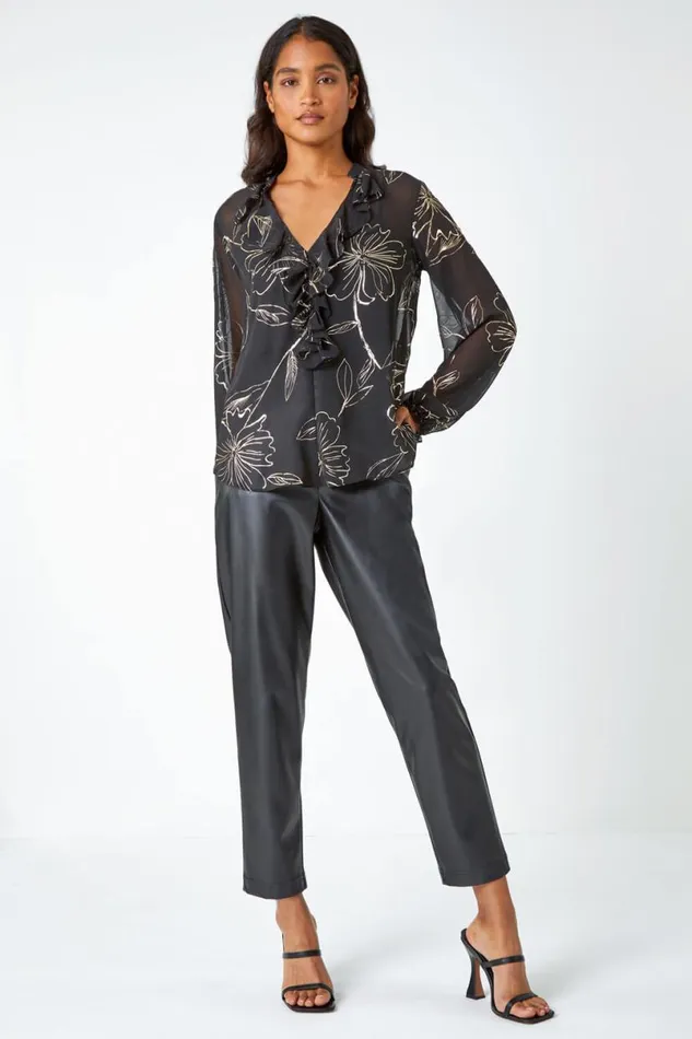 Black Metallic Floral Print VNeck Ruffle Top Women Roman Tops