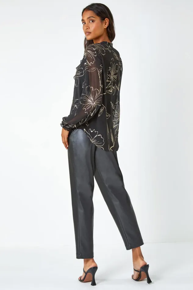 Black Metallic Floral Print VNeck Ruffle Top Women Roman Tops