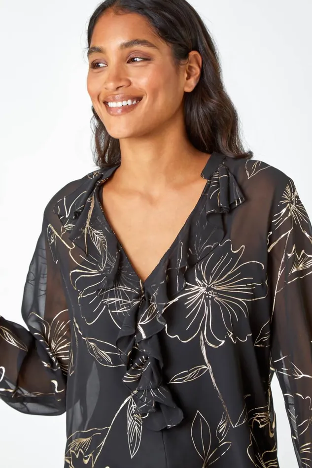 Black Metallic Floral Print VNeck Ruffle Top Women Roman Tops